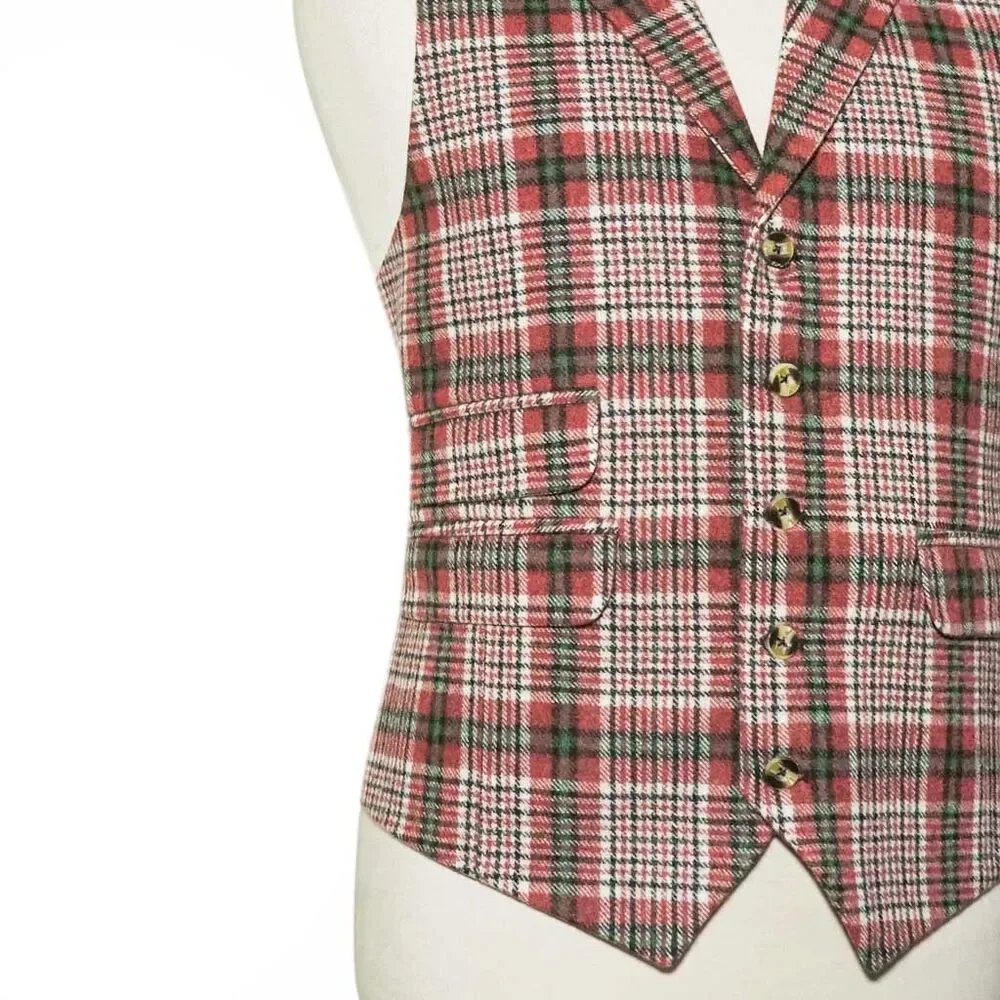 Mens 46R Wool Vest Red Green Cream Plaid Check Waistcoat Formal Casual Preppy
